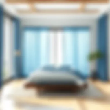 A serene bedroom featuring blue sliding door curtains