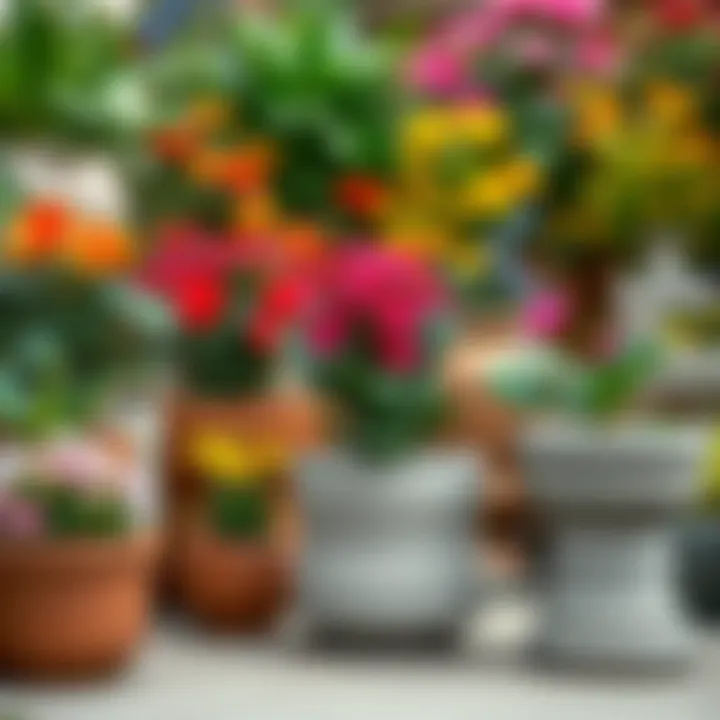 A vibrant garden filled with colorful plants in cement pots highlighting their functional benefits