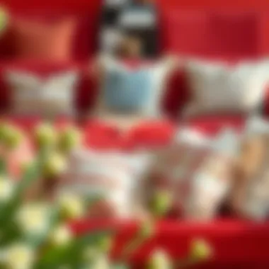 A cozy setting featuring a red couch adorned with thoughtfully selected throw pillows.