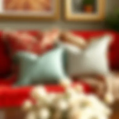 An elegant combination of colors and patterns of throw pillows arranged artfully on a red couch.