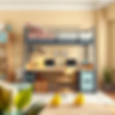 Creative use of colors and textures in a double bunk with desk for a playful atmosphere