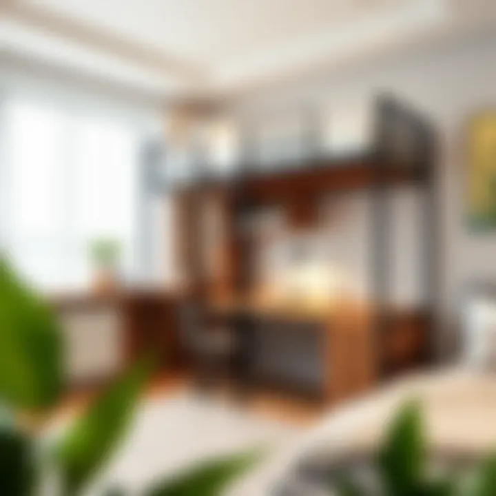 Space-saving solution showcasing a compact double bunk bed with desk in a small apartment