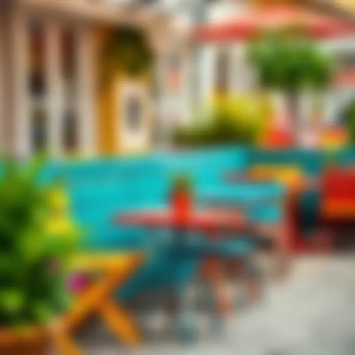 Colorful bistro sets arranged in a stylish outdoor cafe