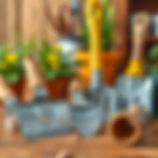 Essential Indoor Gardening Tools Close-up of essential indoor gardening tools arranged on a wooden surface