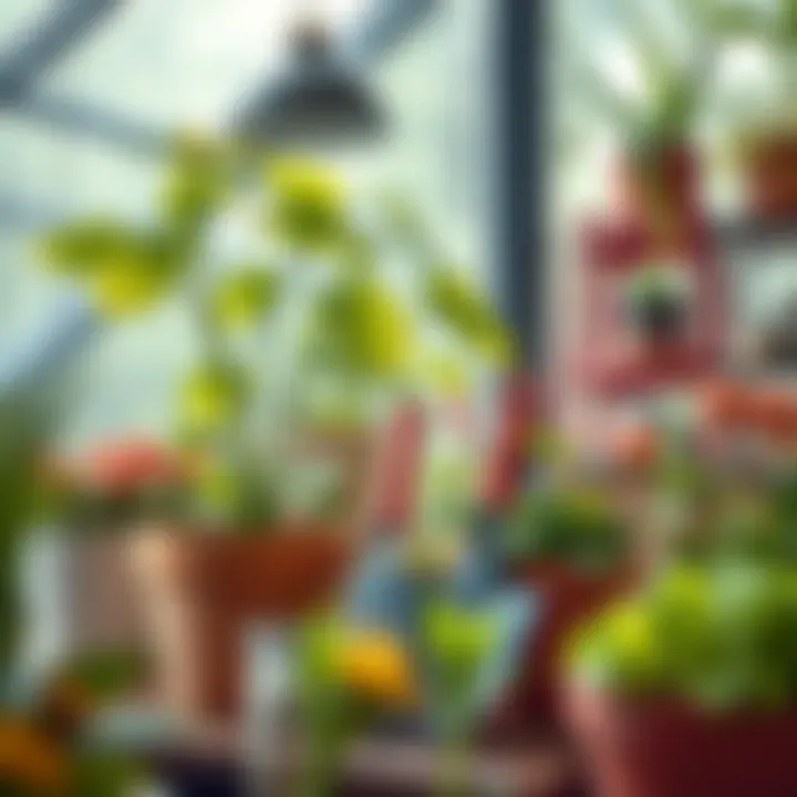 Thriving Indoor Garden with Tools A lush indoor garden thriving with the help of specialized gardening tools