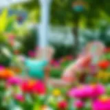 Vibrant lawn chair cushions in a serene garden setting