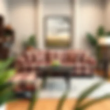 Stylishly decorated living room featuring plaid loveseat cover