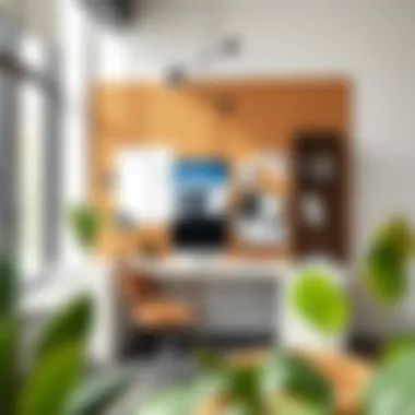 Cork board integrated into a modern home office setting