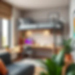 Stylish double bunk bed with an integrated desk setup in a modern room