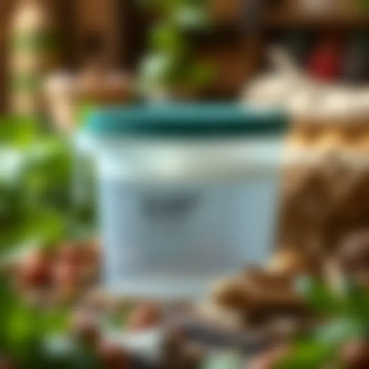 An eco-friendly quart container with lid placed beside organic materials.