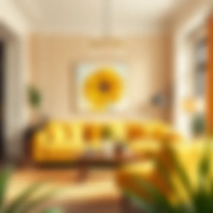 Colorful living room featuring yellow accents