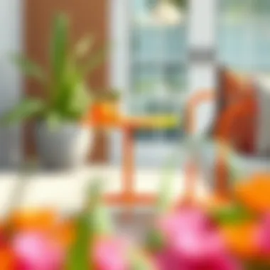 Stylish orange metal side table paired with colorful cushions