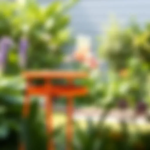 Vibrant orange metal outdoor side table against a lush garden