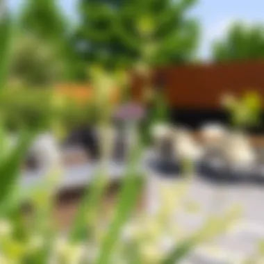 Trendy outdoor bar height table set with greenery