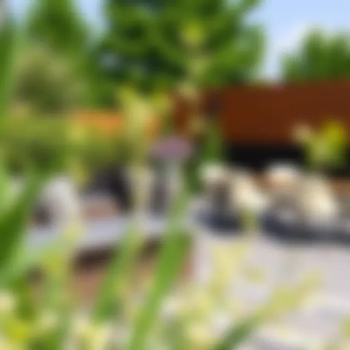 Trendy outdoor bar height table set with greenery