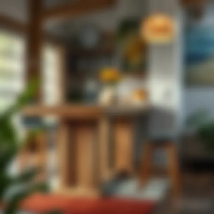 Rustic wood bar height table in cozy setting