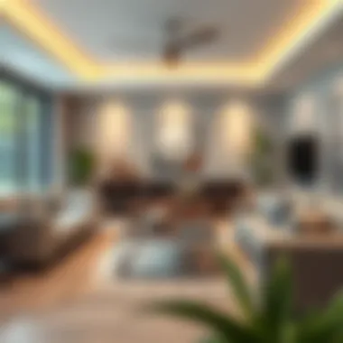 Stylish basement lounge area featuring a coffee table