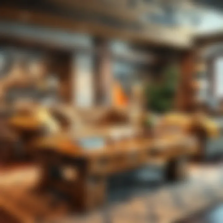 Rustic wood coffee table in a cozy basement setting