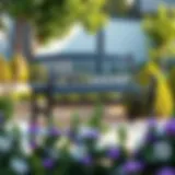 Elegant black outdoor bench in a serene garden setting