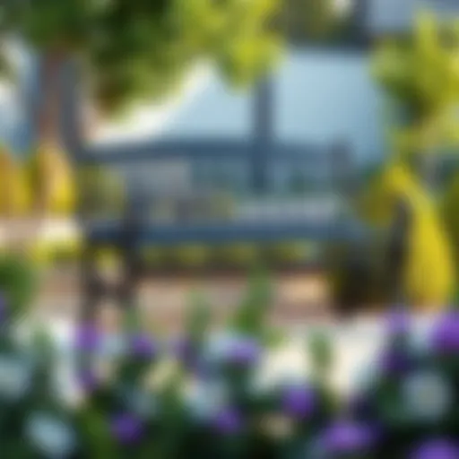 Elegant black outdoor bench in a serene garden setting