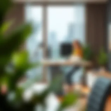 An ergonomic lift-standing desk in a modern office setting