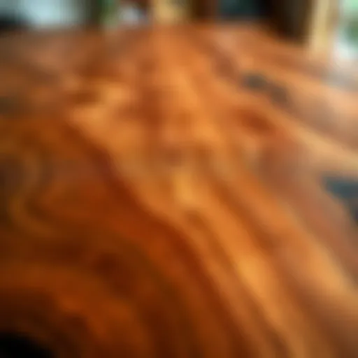 A close-up view of a luxurious exotic wood countertop showcasing its unique grain patterns.