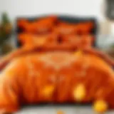 Luxurious fall-themed comforter set featuring rich hues of orange and gold