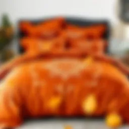 Luxurious fall-themed comforter set featuring rich hues of orange and gold