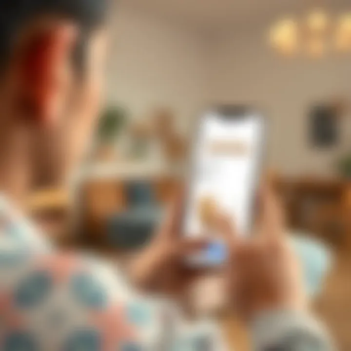 Illustration of a user interacting with a furniture assembly app interface.