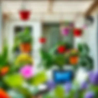 Well-arranged outdoor space featuring hanging planters and vibrant plants