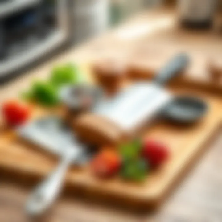 Cutting board with various kitchen utensils
