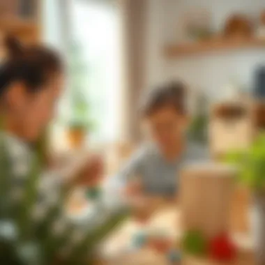 Parental Engagement in Play Parents observing and facilitating a child's exploration with Montessori-style playthings.