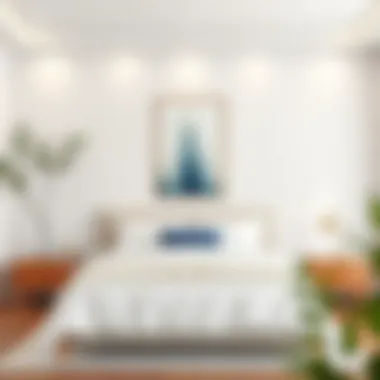 A serene bedroom featuring narrow vertical wall art that enhances the tranquil atmosphere