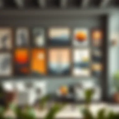 A gallery wall showcasing a collection of narrow vertical artworks in various styles