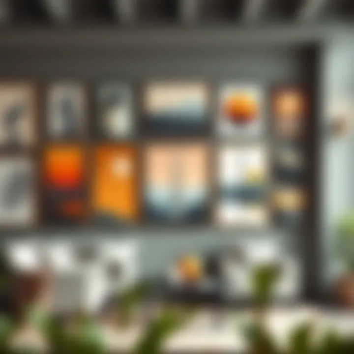 A gallery wall showcasing a collection of narrow vertical artworks in various styles