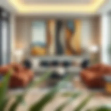 A stunning display of narrow vertical wall art in a chic living room setting