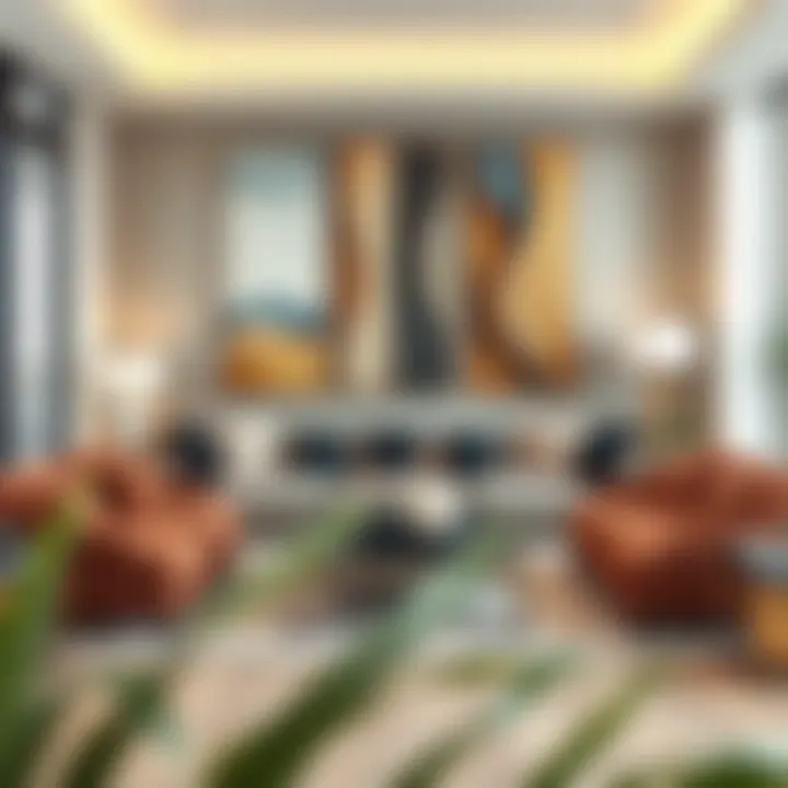 A stunning display of narrow vertical wall art in a chic living room setting