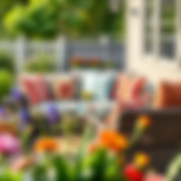 Stylish outdoor seating area enhanced by colorful cushion covers