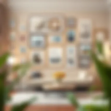 Stylish gallery wall created using various picture hanging techniques