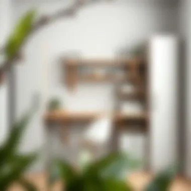 A compact workspace featuring a folding table and shelves optimally arranged