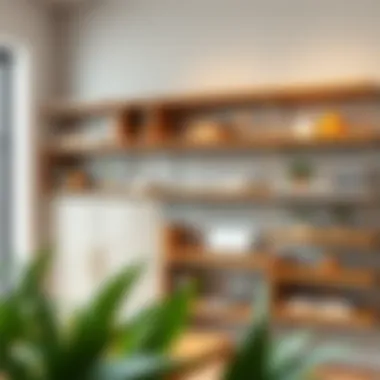 Diverse materials and designs of shelves with folding tables showcased