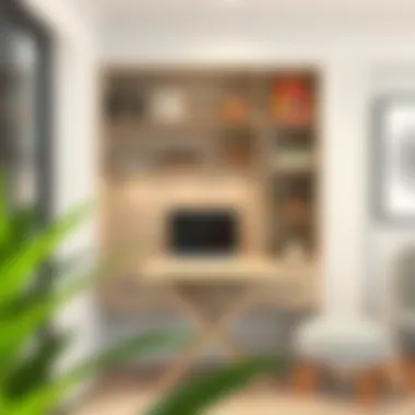 A multifunctional space utilizing shelves that incorporate a folding table