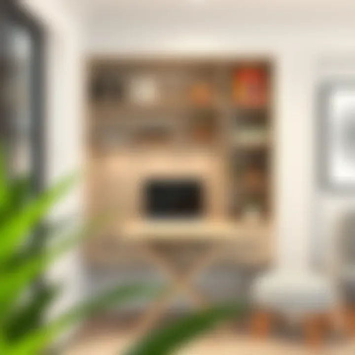 A multifunctional space utilizing shelves that incorporate a folding table