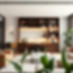 Stylish shelves integrated with a folding table in a modern living room