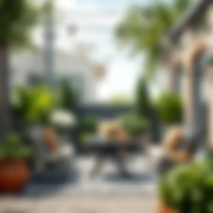 Trendy outdoor space featuring a beautifully arranged steel patio set