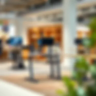 A variety of stylish lift-standing desks displayed in a showroom