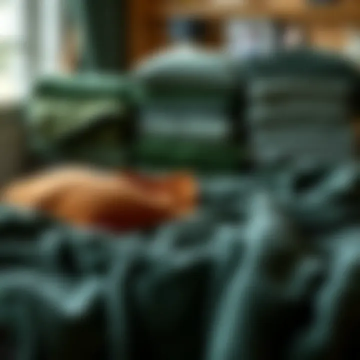 Textures of Dark Green Blankets Various textures of dark green blankets displayed in a cozy setting