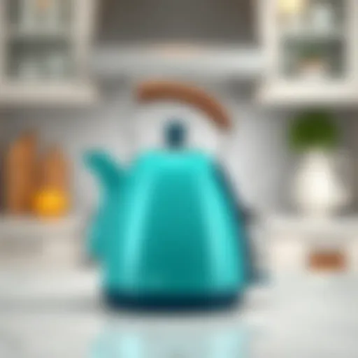Elegant Teal Kettle Enhancing Kitchen Decor A modern teal kettle on a countertop