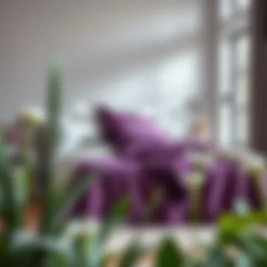 Combination of purple and gray textiles in a cozy bedroom