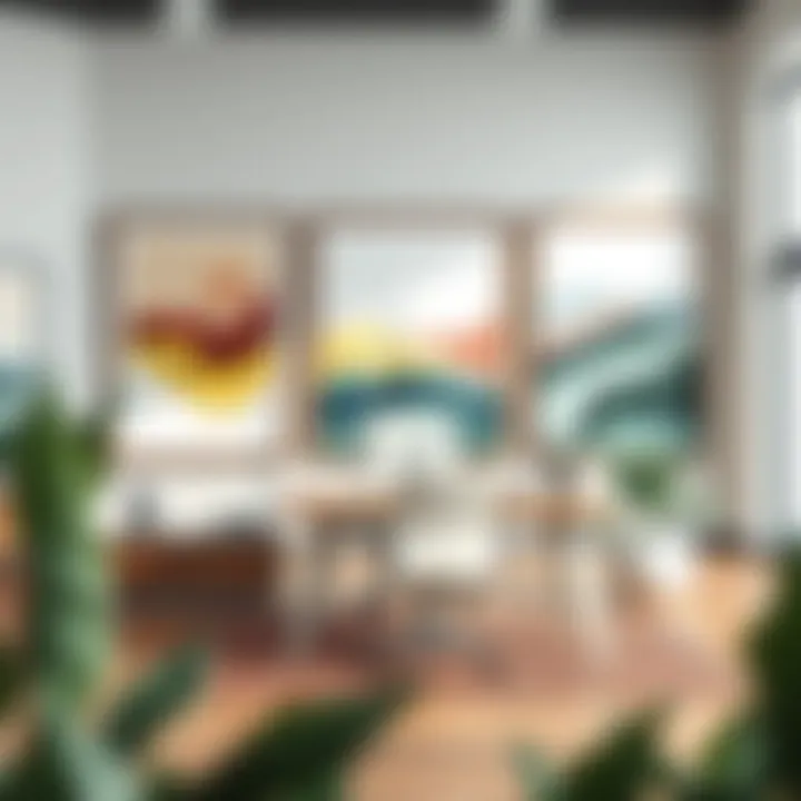 A contemporary office space enhanced by oversized framed art, promoting creativity